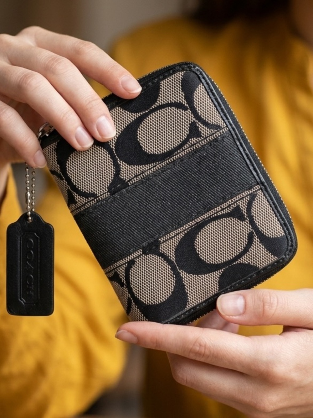 Coach Black & Tan Signature Zip Wallet with Leather Tag